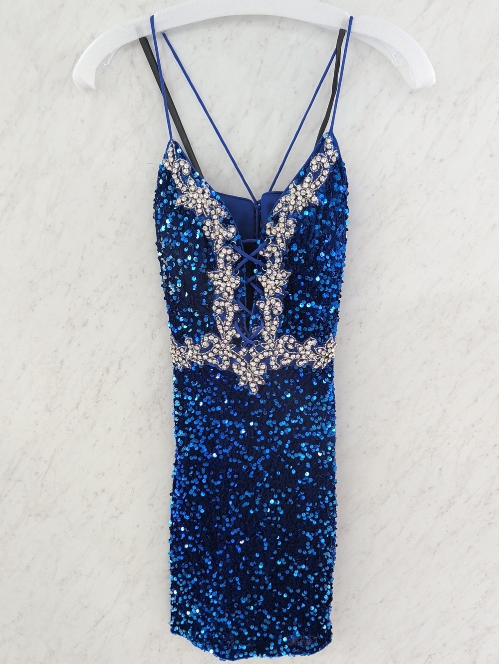 Alyce Paris Royal Blue Sequin Mini Dress with Silver Embellishments